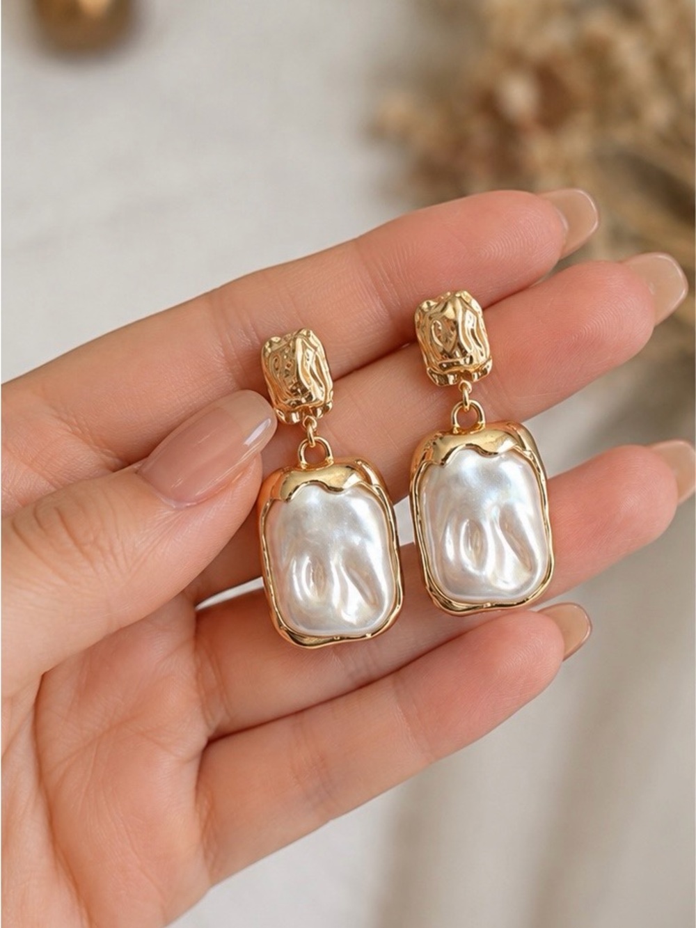 Gold and Pearl Frame Drop Earrings - Picture 3 of 5